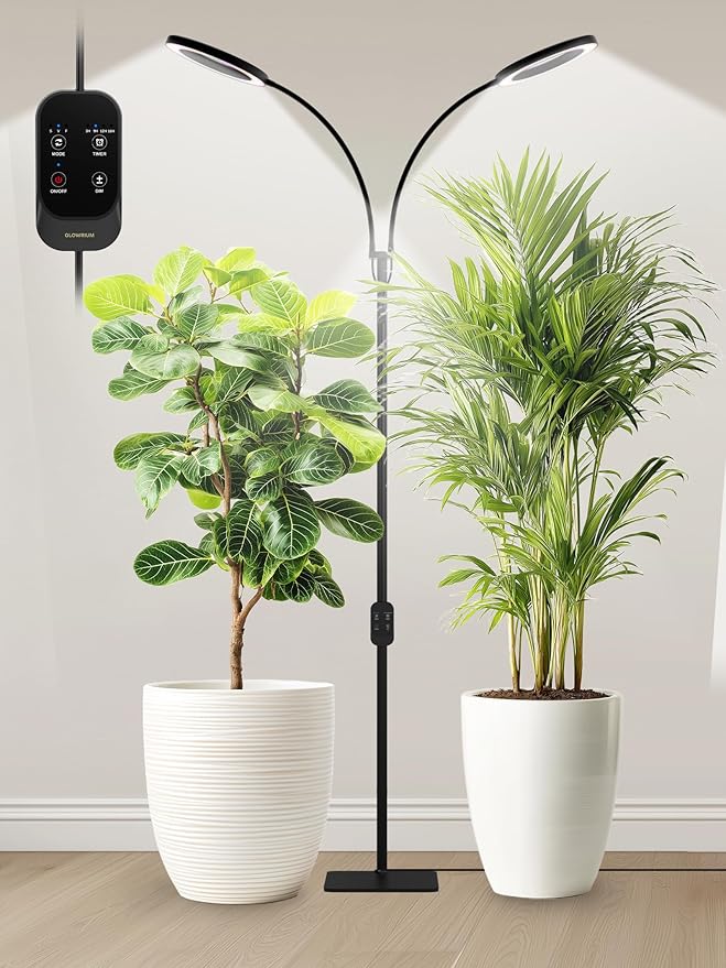 GLOWRIUM Grow Lights for Indoor Plants Full Spectrum LED Grow Light Stepless Dimming3 Lighting Mode and Adjustable Height Plant Light with 3/9/12/16H Timer (Black 48W)
