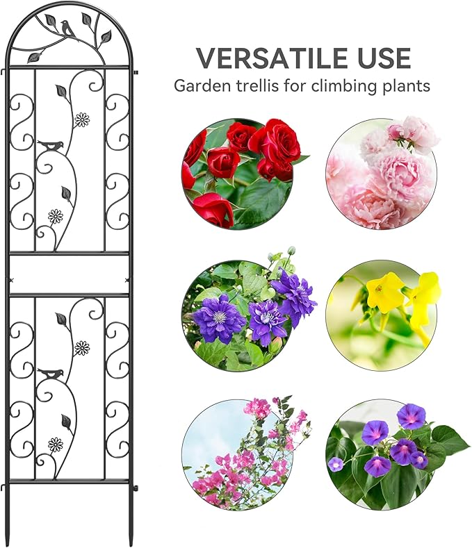 4 Pack 87x20in Garden Trellises Daisy &amp Bird Black Metal Coated Rustproof Trellis for Climbing Plants Outdoor Roses Vegetables Vines Cucumbers
