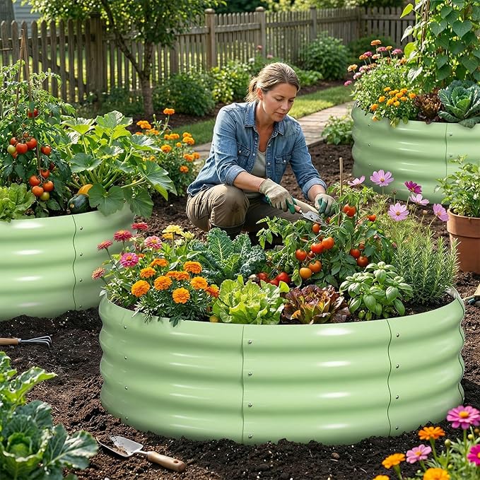 DoCred 3 Pack 3x3x1Ft Round Galvanized Raised Garden Bed Metal Garden Bed Outdoor Kit for Gardening Above Ground Planter Box for Plants Vegetables Herbs Flowers Green