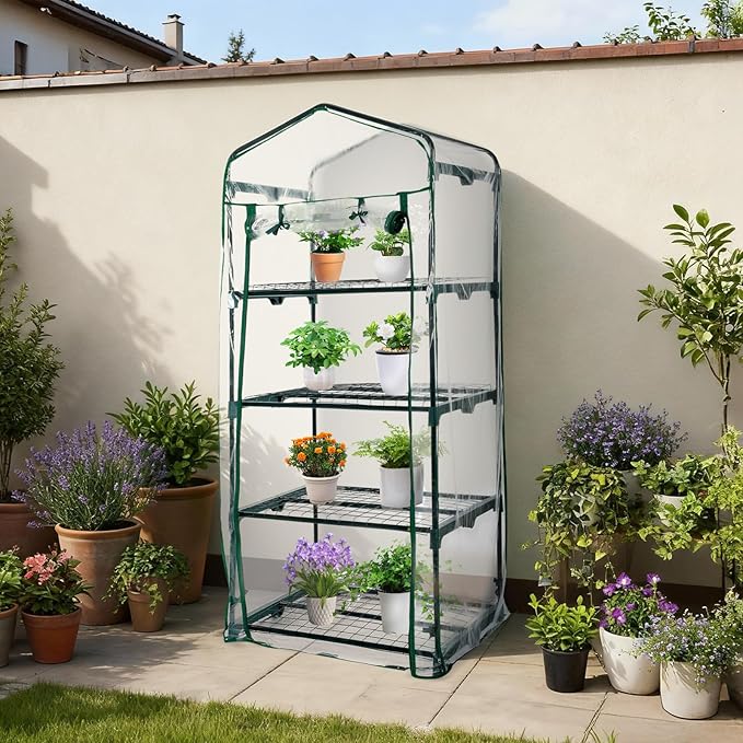 Aoodor 27x19x63 Inch 4 Tier Upgrade Greenhouse with Protective PE/PVC Base for Tidier and Cleaner Indoor Outdoor Gardening on The Deck Patio or Backyard Transparent