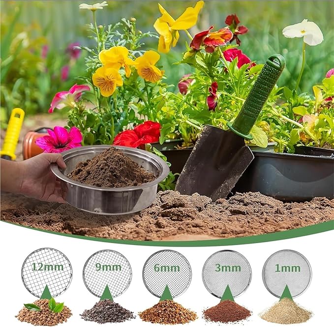 Stainless Steel Soil Sieve Soil Sieve Set Garden Stainless Steel Mesh SifterCompost with 136912mm and Bonsai Scoop
