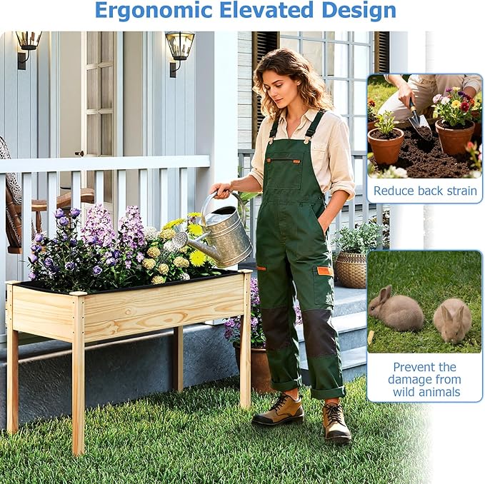 COSTWAY Raised Garden Bed Elevated Wood Planter Box Stand with Legs for Vegetables Flowers &amp Herbs Standing Growing Bed for Backyard Patio Balcony 47 x 22.5 x 30 Natural