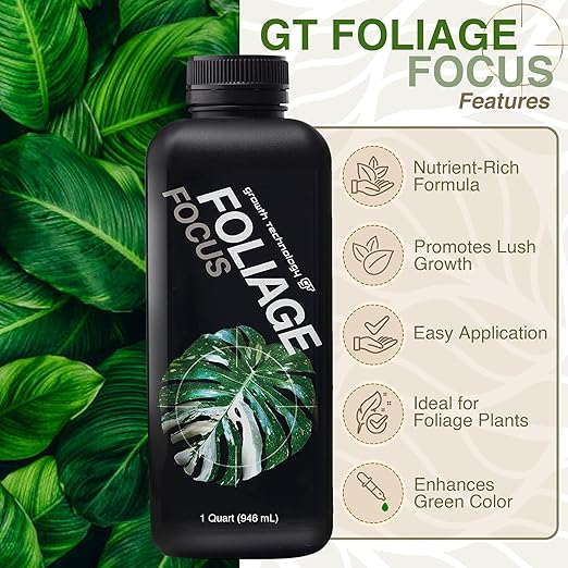 Growth Technology GT Foliage Focus - Liquid Indoor Plant Food for Houseplants Tropical Plants Aroids Ferns and Palms – Concentrated Formula for Vibrant Leaves and Dense Foliage – 1 Quart (946 mL)