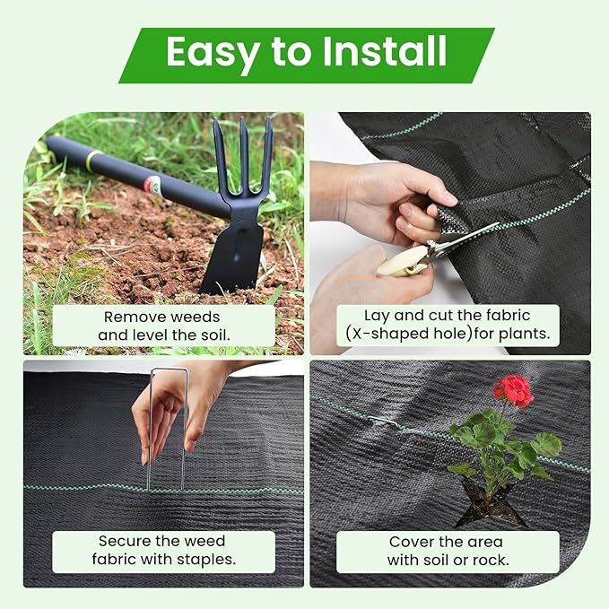 Rintea 4FTX300FT Weed Barrier Fabric 3.2oz Landscape Fabric Durable Weed Barrier Fabric Heavy Duty with 20 U-Shaped Securing Pegs for Landscaping Weed Blocker Garden Bed Cover Commercial Driveway
