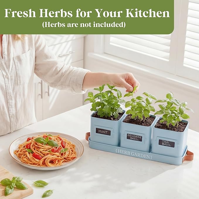PERFNIQUE Indoor Herb Garden Herb Garden Planter Set with Tray Farmhouse Indoor Plant Pots Windowsill Herb Garden with Drainage(Planter only) for Indoor/Outdoor Window Pots(Sky Blue)