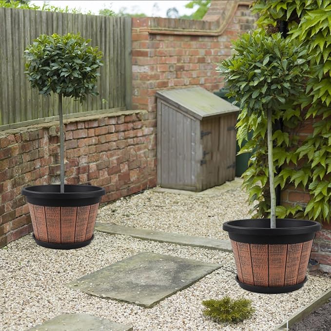 Quarut Large 4 Pack 16 inch Plant PotsWhiskey Barrel Planters with Drainage Holes &amp SaucerPlastic Decoration Flower Pots Retro DesignPlanters for Outdoor Indoor Garden Balcony Plants (Brown)