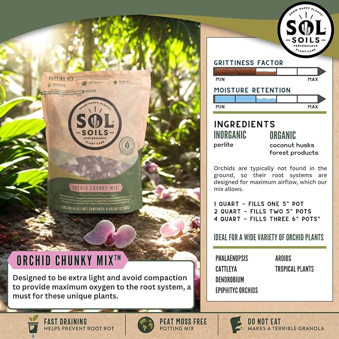 Sol Soils Chunky Orchid Potting Mix - 100% Peat-Free Lightweight and Aerated with Coconut Husk Perlite &amp Recycled Forest Products for Fast Draining Healthy Orchids - 2 Quarts