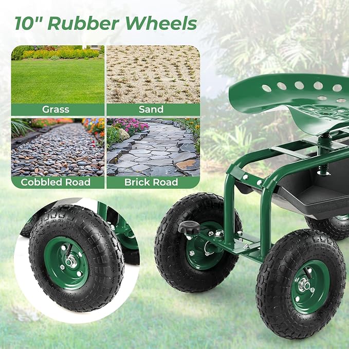 DORTALA 4-Wheel Rolling Garden Cart Work Seat with 360 Swivel &amp Height Adjustable Seat Heavy Duty Planting Cart with Storage Basket Green