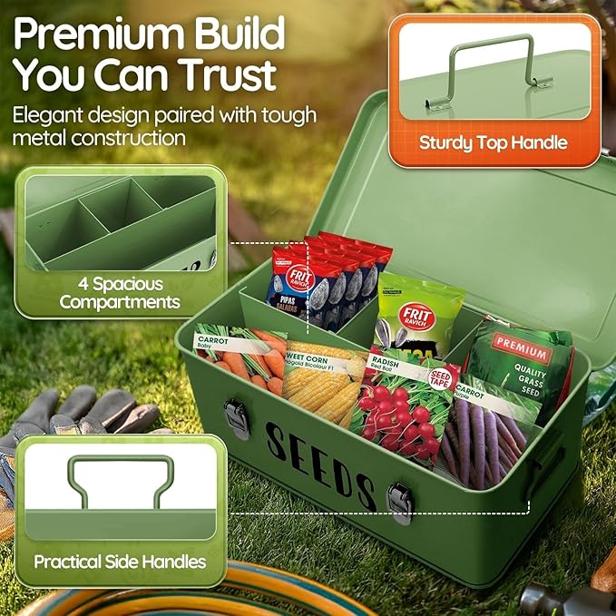 Flexzion Seed Saving Box - Metal Seed Storage Organizer Box with Lid 4 Spacious Compartments Storage Bin for Garden Tools &amp More with Safety Locks Green