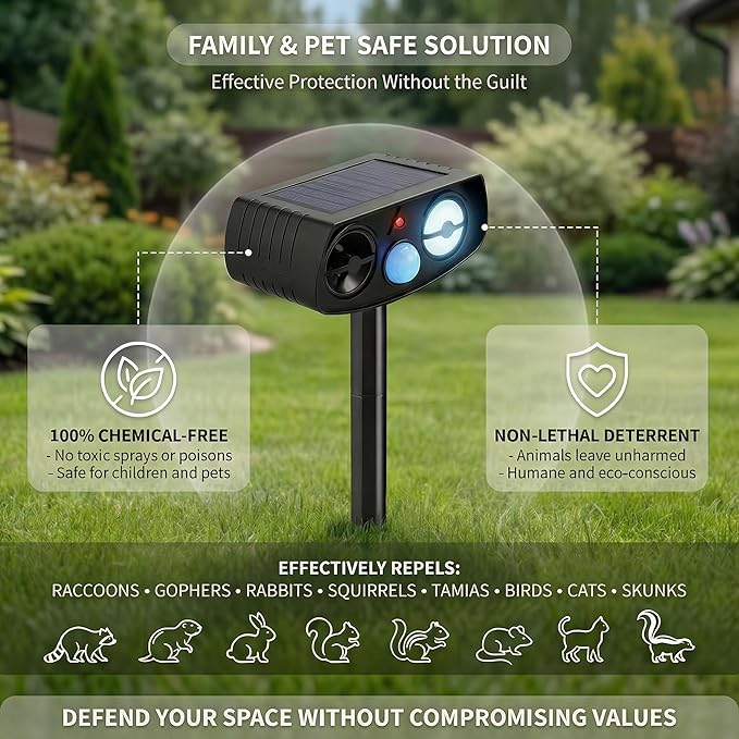 Solar Ultrasonic Animal Repeller Outdoor Motion Sensor Waterproof Pest Deterrent Raccoon Skunk Fox Squirrel Rabbit Dog Cat Deer Repellent for Yard Garden Farm 33ft 120° Coverage 2 Pack Black