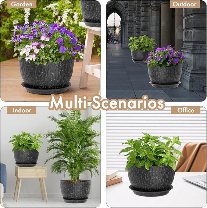 12 Inch Wide Water Ripples Flower Pots for Indoor or Outdoor Plants Large Plant Pots with Drainage Holes &amp Saucer Plastic Planters Set for Garden &amp Home Decor (Black with White Speckles)
