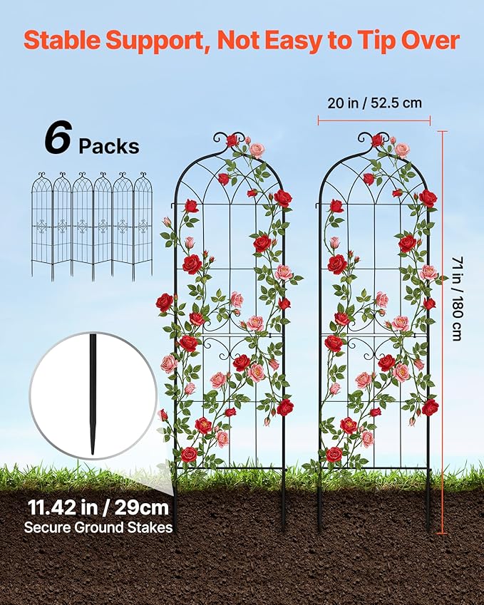 VEVOR 6 Packs Metal Garden Trellis for Climbing Plants Outdoor 71x20in Rustproof Plant Tall Trellis for Rose Vine Flowers and Vegetables
