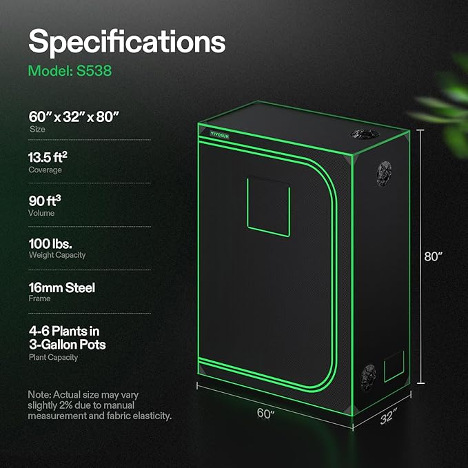 VIVOSUN S538 5x2.7 Grow Tent 60x32x80 High Reflective Mylar with Observation Window and Floor Tray for Hydroponics Indoor Plant for VS2000/VSF4300