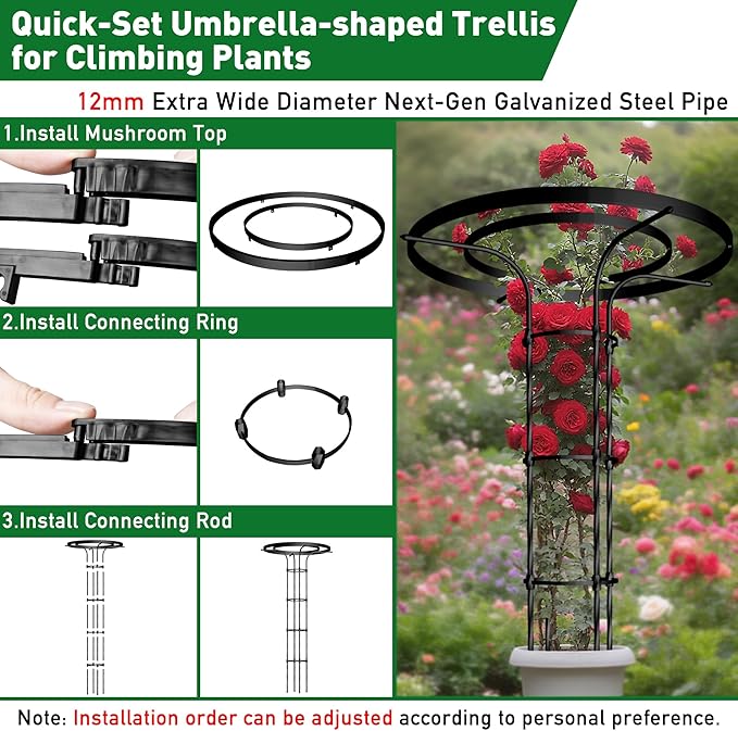 Mushroom Top Trellis for Climbing Plants Outdoor 5.74FT Decorative Obelisk Plant Support with Rustproof PE-Coated Metal Poles Rose Trellis for Clematis Ivy Black