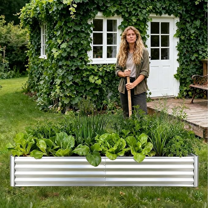 Raised Garden Bed with Cover 6x3x1 Ft Outdoor Galvanized Metal Planter Box with 2 Screen Windows Mini Greenhouse for Vegetables and Flowers Clear Top Cover