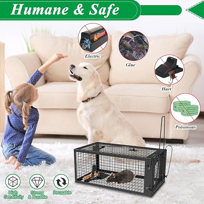 2 Packs Humane Rat Trap Outdoor Mouse Traps Indoor Use Rodent Chipmunk Traps for Small Live Animal Catch and Release - Black