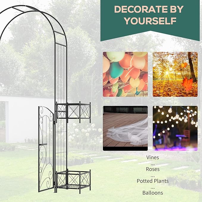 7' Garden Arch Arbor Metal Arch Trwith Gate Garden Archway for Climbing Vines Wedding Ceremony Decoration Black