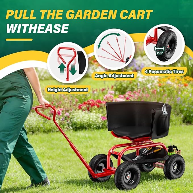 Garden Seat with Wheels Rolling Garden Stool with Adjustable 360°Swivel Seat Storage Basket &amp Extendable Handle Outdoor Gardening Scooter Garden Cart Workseat Stools for Seniors