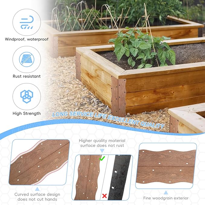 Set of 8 Raised Garden Bed Corner Brackets with Wood Screws Rust Resistant Metal Connectors 11 x 3 x 3 for 20-24 Beds Raised Bed Corners for Vegetable Planter Garden Wood Grain