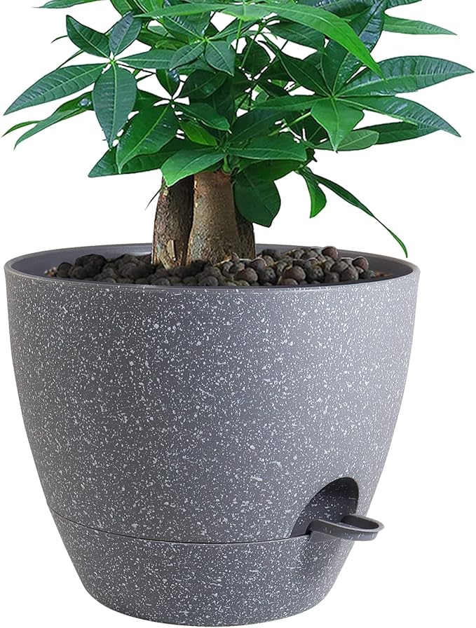 12 inch Large Self Watering Pots Plastic Planters with 60oZ Removable Deep Reservoir and Multi Mesh Drainage Holes for Indoor Outdoor Garden Plants and Flowers Grey Speckles