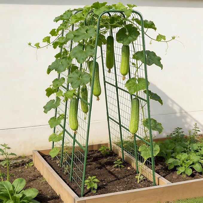 Cucumber Trellis for Raised Bed 63 Heavy Duty U-Shape Garden Trellis for Climbing Plants Outdoor Rustproof Plastic Metal Arch Vegetables Trellis Plant Support for Vine Fruits Beans and Flowers