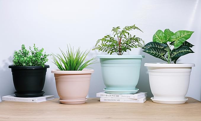 5 Packs 12 inch Flower Pots + Saucer Planters for Indoor &amp Outdoor Plants with Drainage Holes | Plastic Flower Pots Large Planter (White 12 inch)