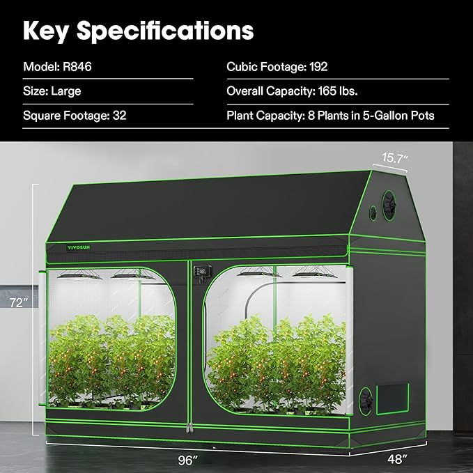 VIVOSUN R846 4x8 Grow Tent 96x48x72 Roof Cube Tent with Observation Window and Floor Tray for Hydroponics Indoor Plant for VS4000/VSF4300