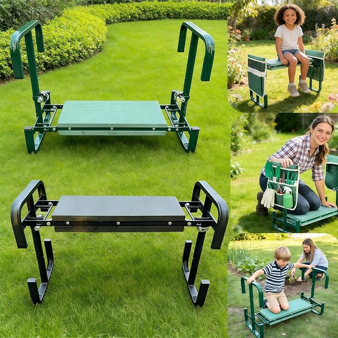 Garden Kneeler Carbon Steel &amp EVA Pad Wide Kneeler Seat 2 Large Tool Bags Garden Stool with Adjustable Height Multipurpose Folding Kneelers for Gardening Camping (Green)