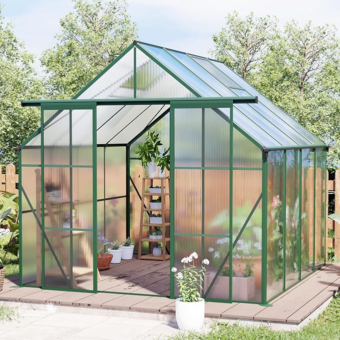 8x8 Greenhouse for Outdoor with Double Door and Adjustable Roof Walk-in Polycarbonate Gardening Green House with Raised Base and Anchor Drainage System for Backyard Lawn Green