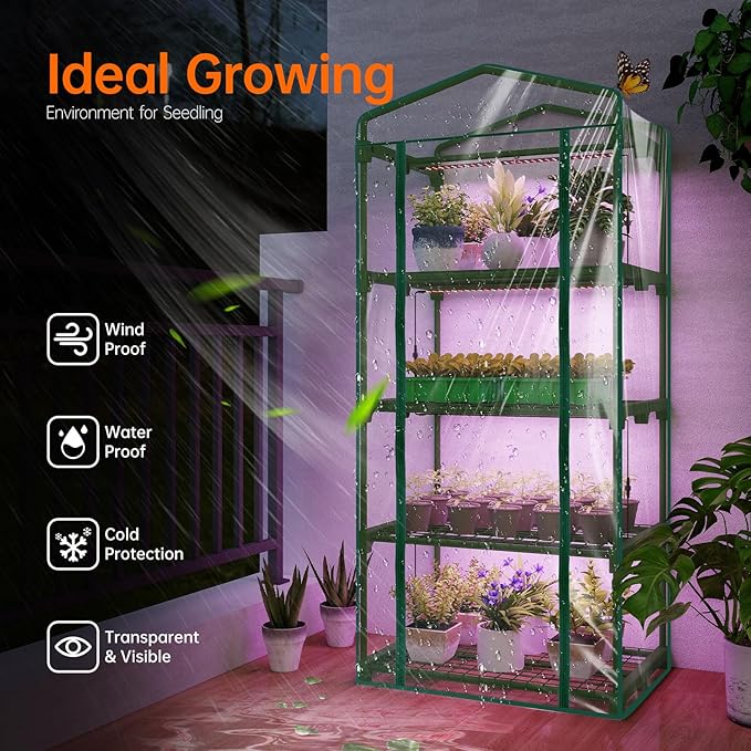 Bstrip Indoor Greenhouse with Grow Lights 4 Tier 27.2 L×19.9 W×61.8 H Mini Greenhouse with Zippered PVC Cover for Seed Starting Trays Dimmable 2FT 60W Plant Light for Indoor Plants with Timer