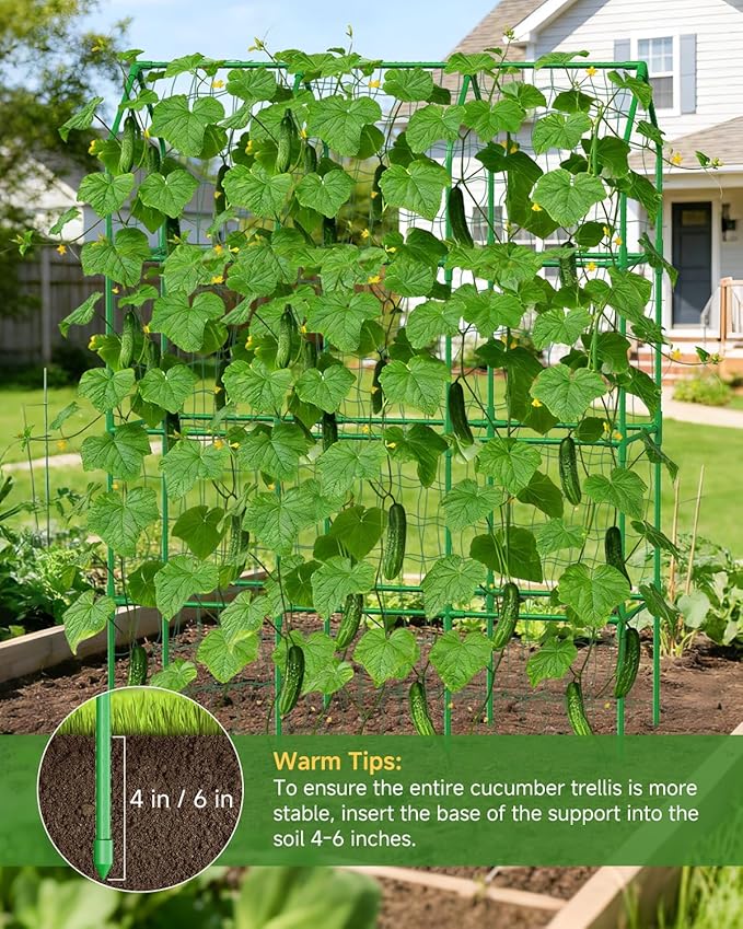 Cucumber Trellis for Climbing Plants Outdoor A-Shape Garden Trellis for Raised Bed Metal Plant Trellis with Garden Netting for Flower Vegetables Pea Grape (51 * 17.7 * 65inch(L*W*H))