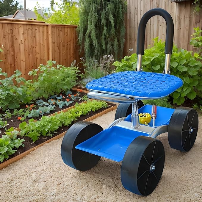 Rolling Garden Stool with Wheels - 360° Swivel Seat Cart | Outdoor Planting Chair with Tool Tray for Weeding &amp Gardening | Portable Scooter for Easy M