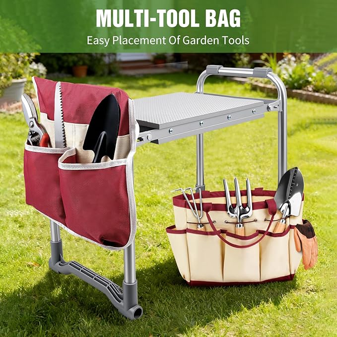 Foldable Garden Kneeler and Seat 2 in 1 Heavy Duty Garden Stool Portable Gardening Knee Seat with Pad &amp Tool Bag Sturdy Garden Kneeling Bench for Weeding Planting Supports Up to 400lbs