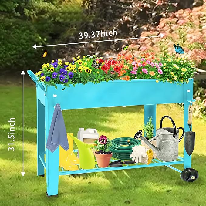 Raised Planter Box Beds with Wheels Legs Elevated Garden Bed for Indoor Outdoor Large Metal Mobile Planter Box with Bottom Shelf for Storing Tools for Vegetables Flower Herb Patio(Blue)
