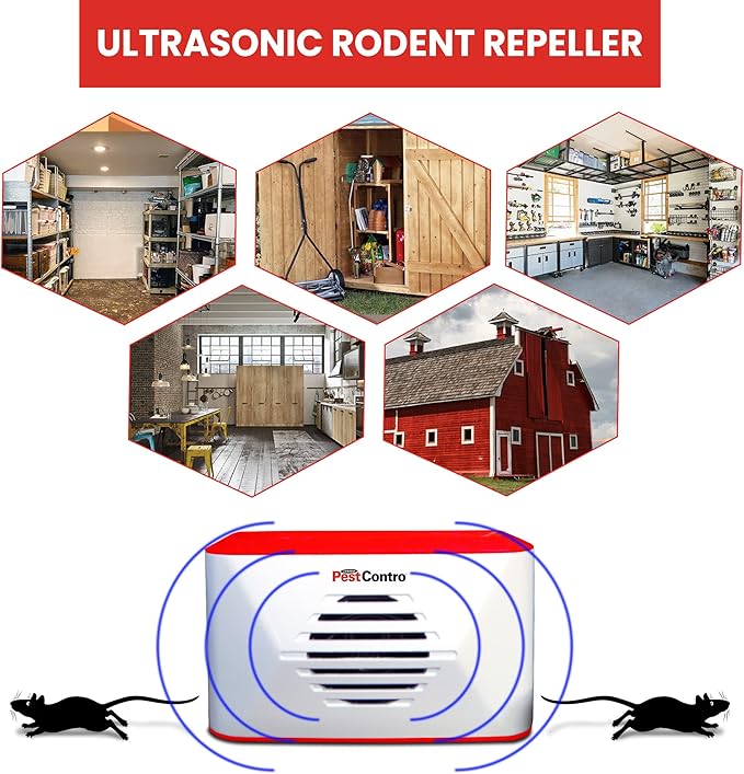 PestContro Portable Ultrasonic Rodent Repeller Cordless Non-Lethal Pest Control Dual Frequency Mice Rats Squirrels Chipmunks Kitchen Office Garage Basement Shed Storage Attic