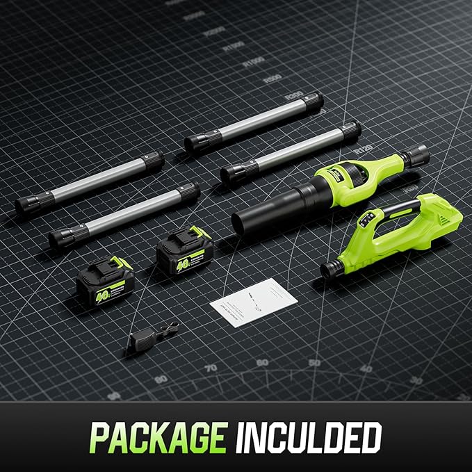 Leaf Blower Cordless 40V Leaf Blowers with 2 Battery Brushless 300° Rotatable Blower Tube with Adjustable Pole (98inch) 580CFM/180MPH &amp 2 Speed Gutter Cleaning Tools for GardenHouse