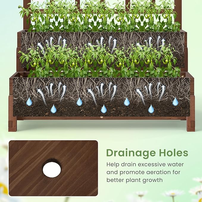 HAPPYGRILL Raised Garden Bed with Trellis Drainage Holes 2-Tier Wooden Elevated Planter Box w/Legs for Climbing Plants Vine Flower Herb Vegetable Fruit Outdoor Garden Box for Patio Balcony (2)