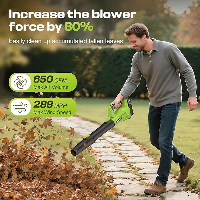 Leaf Blower Cordless 650CFM 288MPH Electric Leaf Blower with 2 x 4.0Ah Battery Operated 6 Speed Mode 20V Powered Handheld Blowers for Lawn Care Patio Dust Blowing Leaves