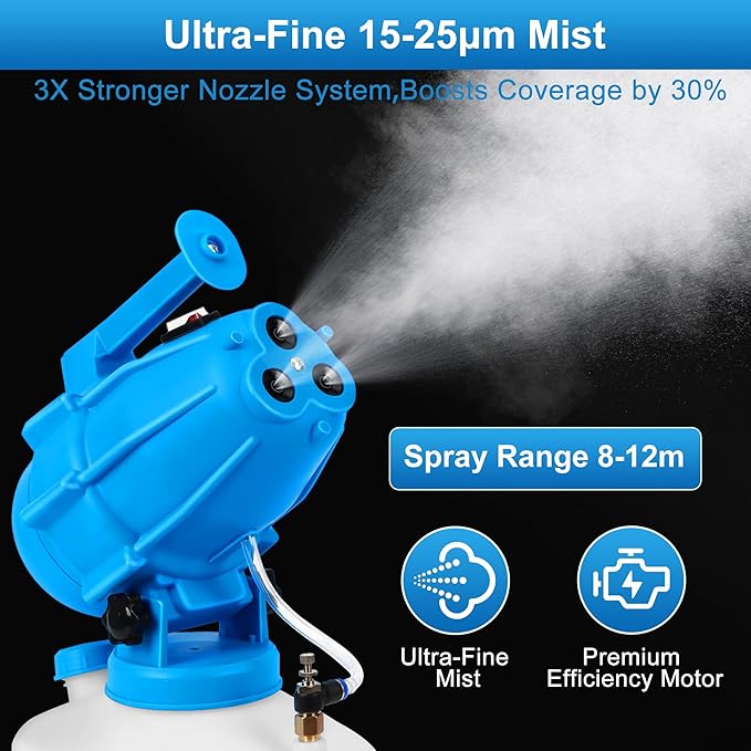 5L (1.3 Gallon) Electric ULV Fogger Sprayer Machine with 3 Nozzles Portable Cold Fogger with Adjustable Flow Rate 30ft Spraying Distance for Home School Hotel Church Garden Yard