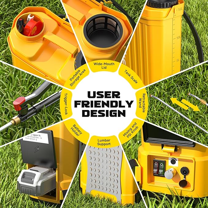Battery Backpack Sprayer Compatible with Dewalt 20V Battery (Tool Only) 4.2 Gallon with Auto Mixer 0–100PSI Adj Leak-Proof Metal Telescopic Wand 42 6 Nozzles Ergonomic Strap–Lawn Garden Sprayer