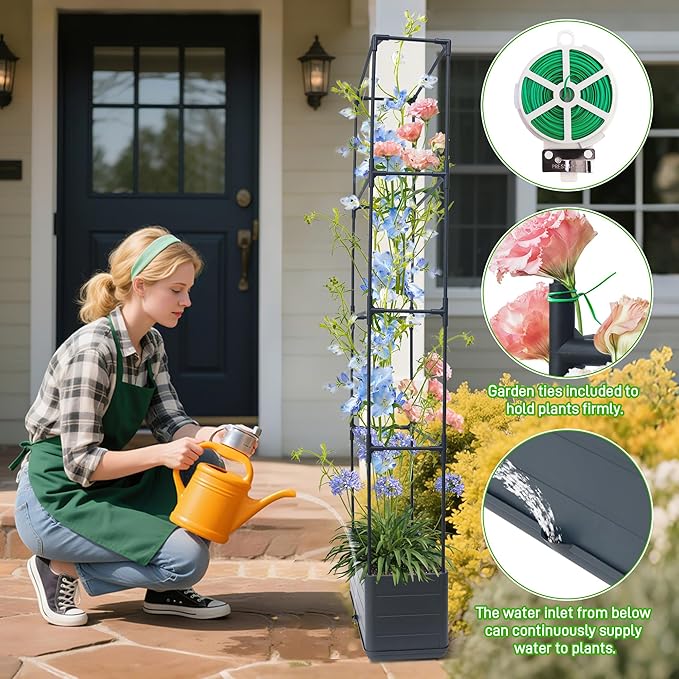 2 Packs Raised Garden Bed Tomato Planter Box with Trellis 55.2 Self-Watering Tomato Cage with Rectangular Trellis for Climbing Plants Flowers Vegetables Vine in Patio Garden Indoor Outdoor