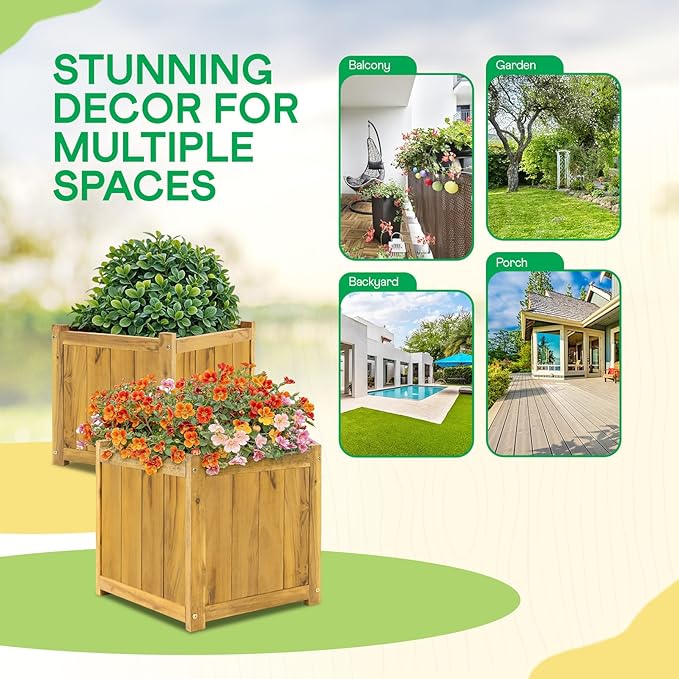 Idzo Set of 2 Acacia Wood Flower Planters for Outdoor Plants Ergonomic Handles Drainage Holes Various Sizes Ideal for Home Décor Golden Teak