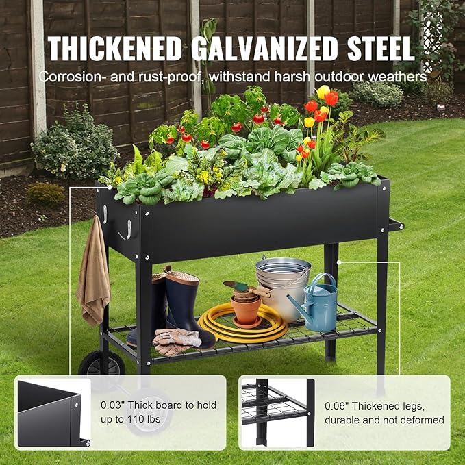 VEVOR Raised Planter Box with Legs and Wheels Larger Size 43.3x19.5x31.5 Outdoor Elevated Garden Bed On Wheel Metal Planting Boxes for Growing Flowers/Vegetables/Herbs in Backyard/Garden/Balcony