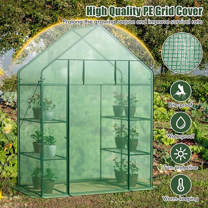 Walk-in Greenhouse Portable Plant Garden House with 4 Tier 8 Shelves &amp Zippered Roll Up Door Mini Growing House for Indoor Outdoor Garden Patio Backyard