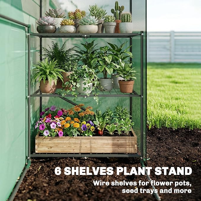 Outsunny 4.7' x 2.3' x 6.2' Small Greenhouse for Outdoors 3 Tiers 6 Shelves Portable Greenhouse with UV-Resistant PE Cover Walk-in Green House with Roll-Up Door Green