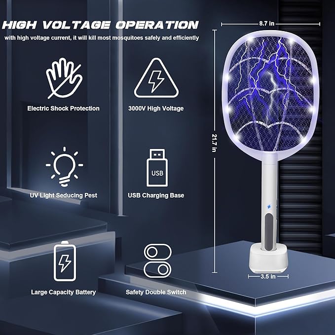 3 Packs Electric Fly Swatter Rackets 2-in-1 Handhold Bug Zapper with 3000V High Voltage Plug-in Mosquito Killer Insect Light Trap with 3 Layer Safety Mesh Portable for Indoor Outdoor Use