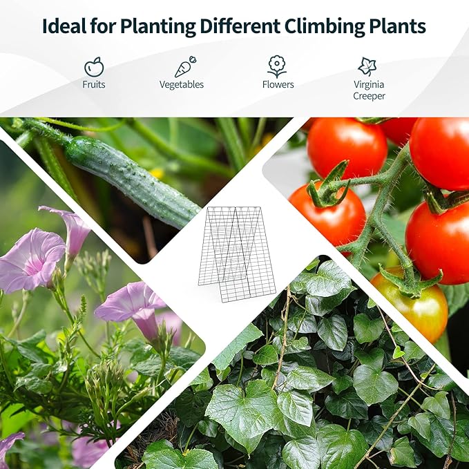 Cucumber Trellis 8-Panel Metal Plant Support w/Rustproof PP-Coated A-Frame Clips Stakes Spiral Connectors Cable Tie &amp Twist Tie Garden Trellis for Climbing Plants Outdoor Raised Bed