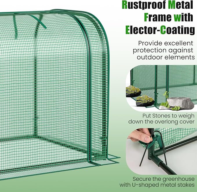 Giantex Raised Garden Bed with Cover Wood Elevated Planter Box with Legs &amp Mini Greenhouse Waterproof Sun-Protective PE Green House Cover Outdoor Use for Fruit Vegetable Flower Herb (Green+Gray
