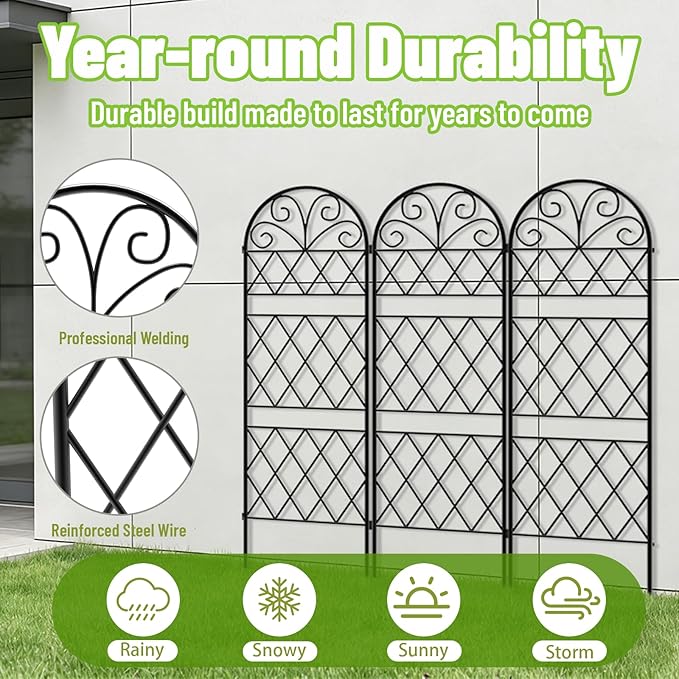 Garden Trellis for Climbing Plants 3 Pack 38 Wx 64.6 H Rustproof Flower Trellis with Black Coating Outdoor Climbing Rose Trellis Cucumbers Support for Courtyards Lawns (Diamond-Shaped Grid)