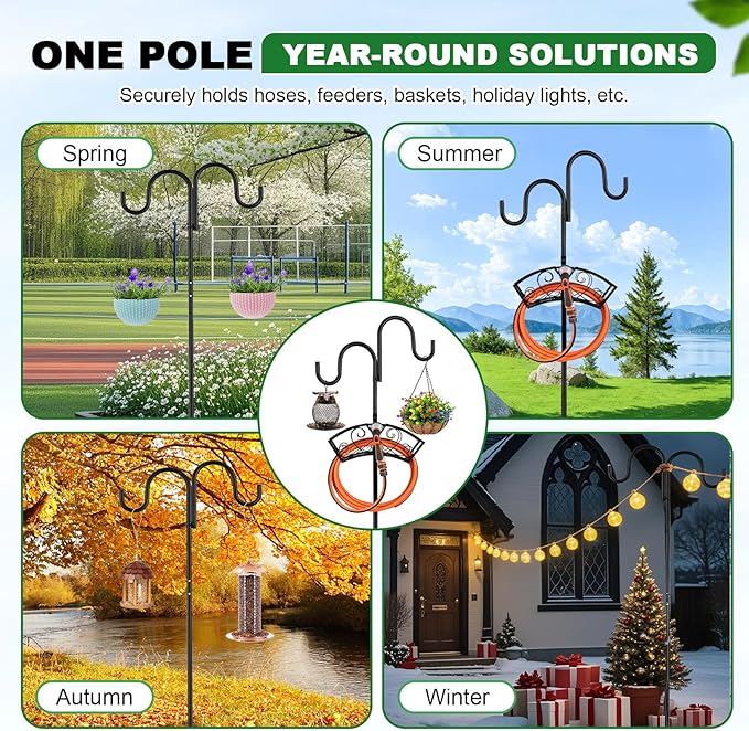 Garden Hose Holder Upgraded Heavy Duty Water Hose Holder Freestanding Hose Stand with 2 Shepherds Hooks Thickened Bird Feeder Pole Detachable Water Pipe Rack Organizer for Outside Yard Lawn